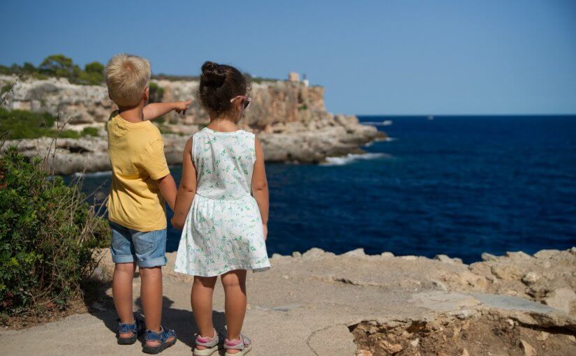 two children standing near cliff watching on ocean at daytime