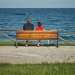 two person sitting on bench beside body of water